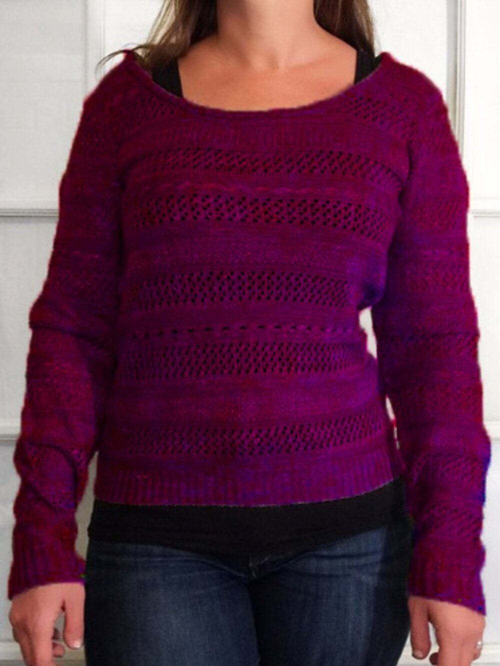 NWT Metaphor Crochet Style Striped Knit Sweater XL Purple Scoop Neck Pullover